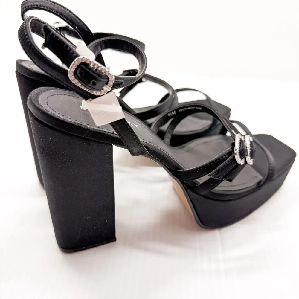 Lisa Vicky Babe-V Heels 9.5 Black Satin Strappy Platform Sandals Chunky Heel NIB